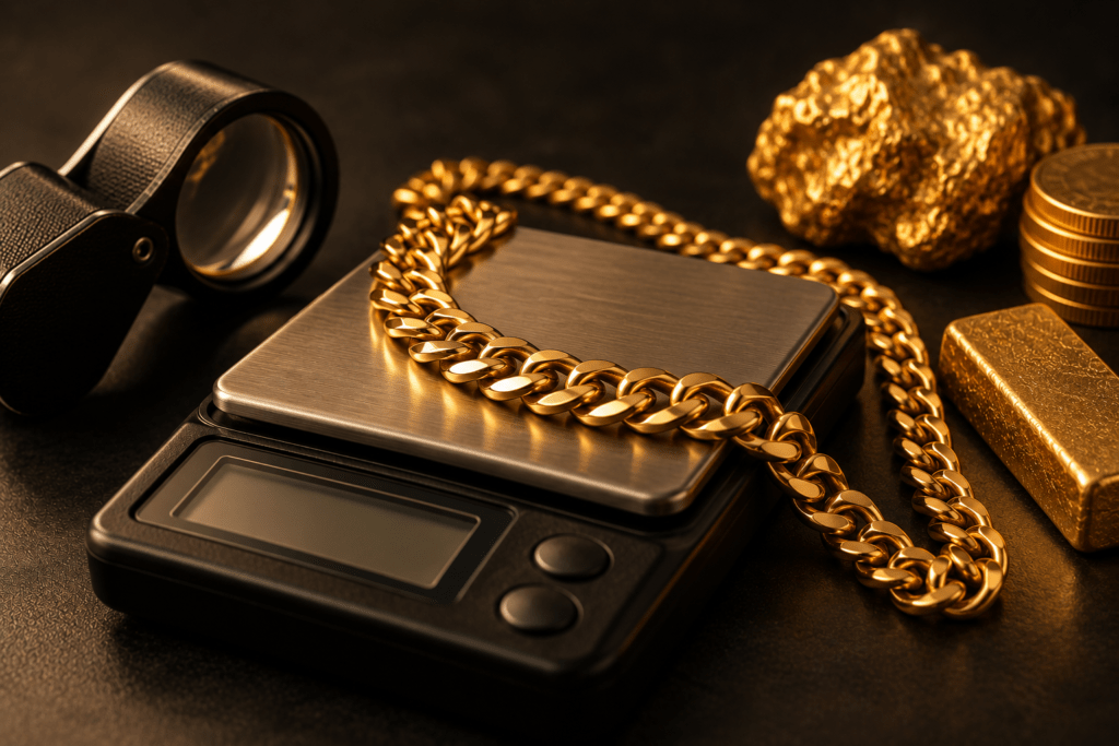 Gold chain on a digital scale beside a jeweler’s loupe, gold nugget, coins, and gold bar.