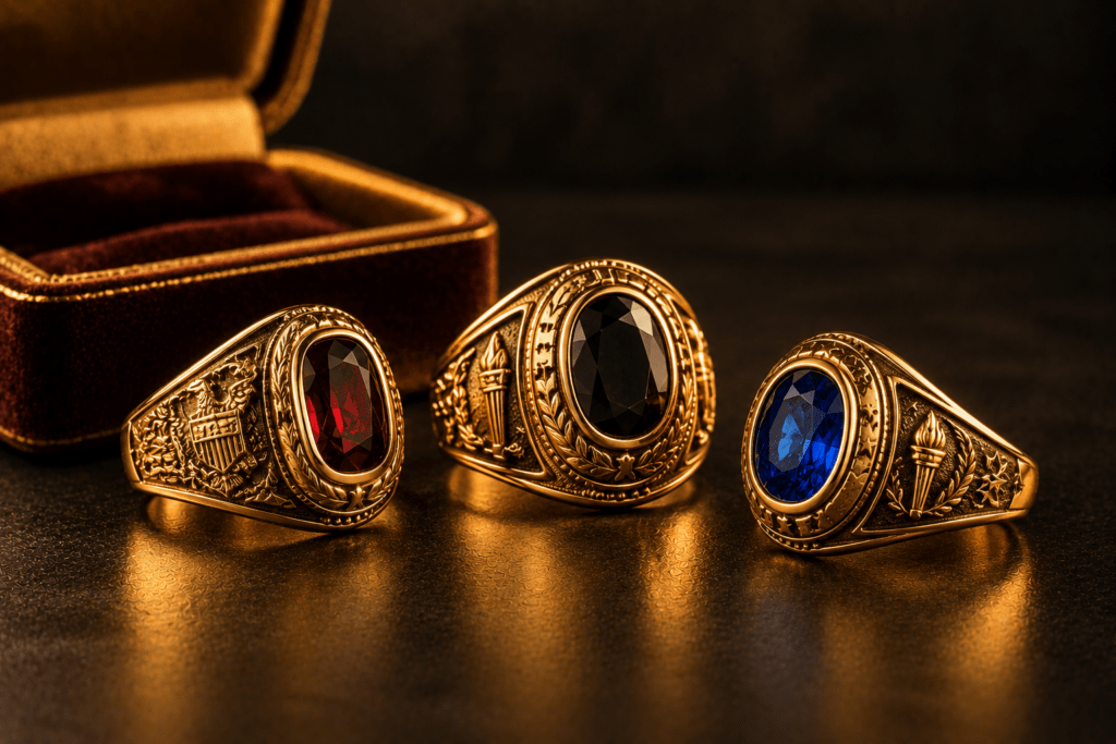 Three gold class rings with red, black, and blue stones beside a jewelry box.