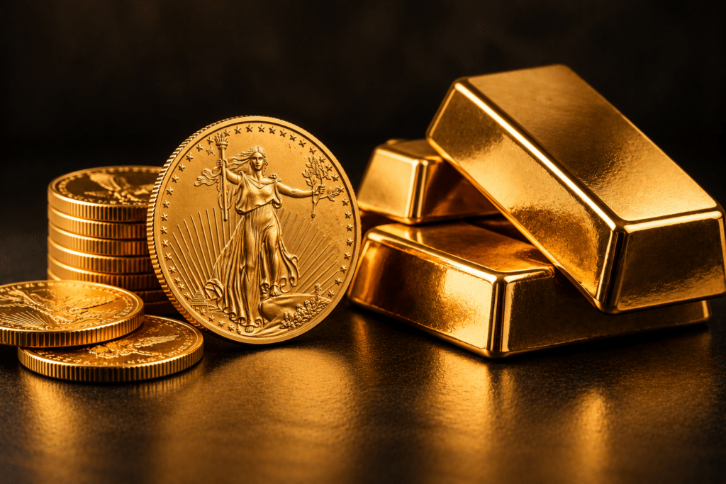 Gold coins displayed beside stacked gold bars on a dark background.