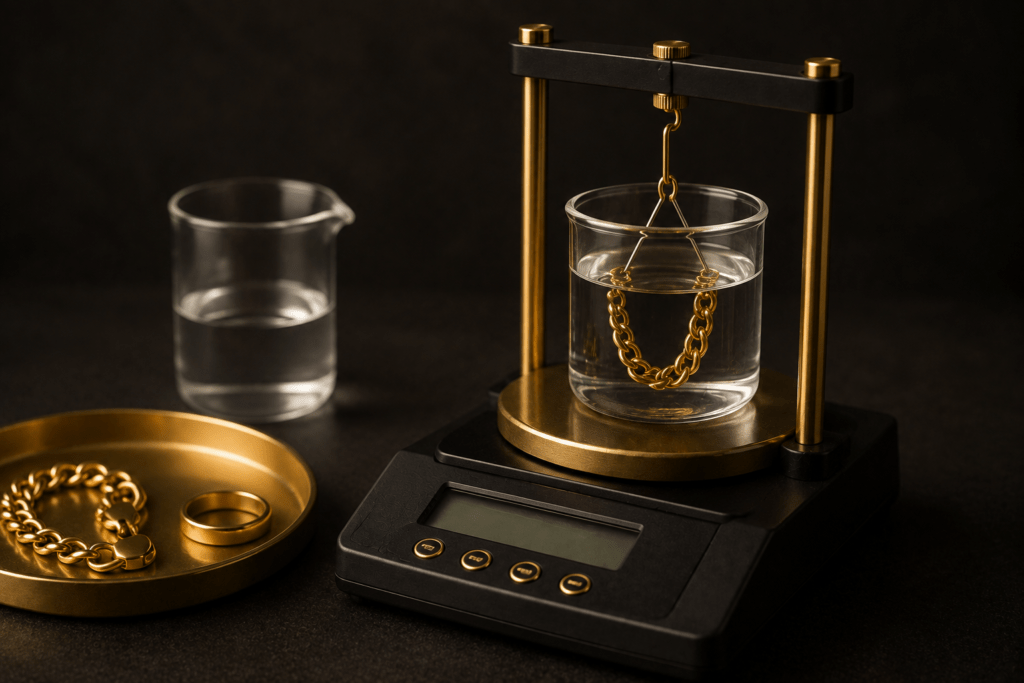 Gold chain suspended in water on a precision scale beside gold jewelry.