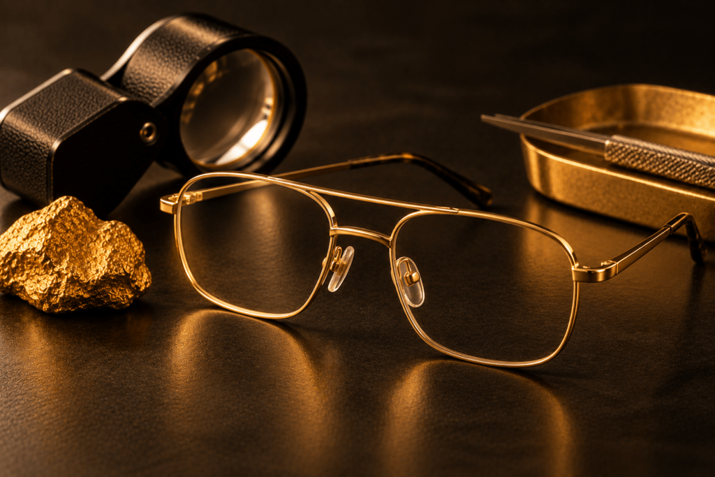 Gold eyeglass frames beside a jeweler’s loupe, gold nugget, and testing tool.