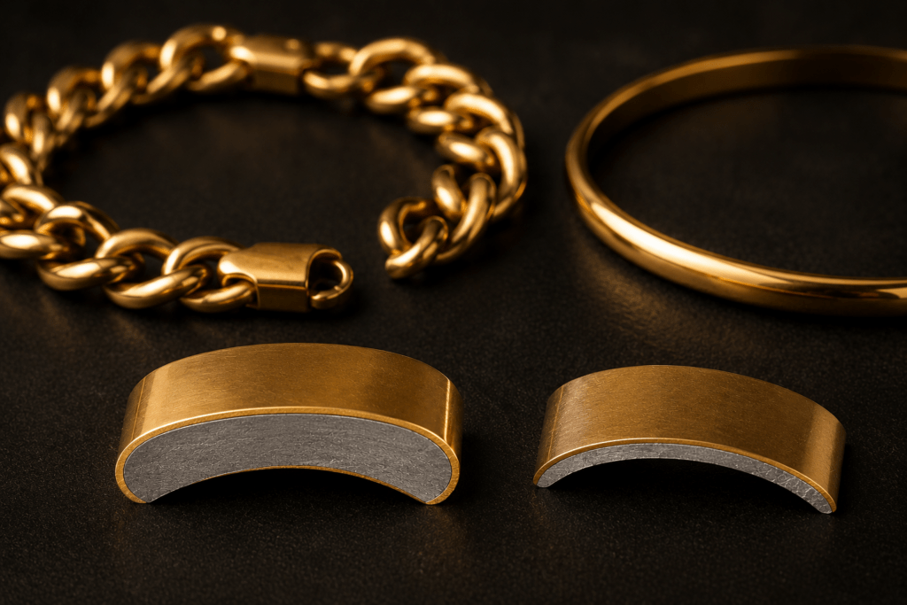 Gold-colored jewelry with two metal samples showing different gold layer thicknesses.