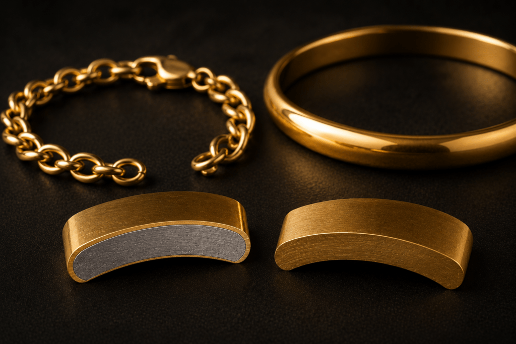 Gold bracelet and chain with two metal samples showing layered and solid gold.