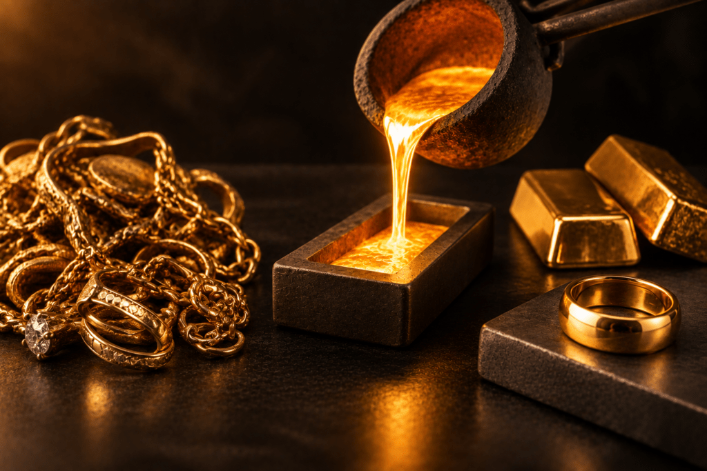 Gold jewelry beside molten gold being poured into a mold and finished gold bars.