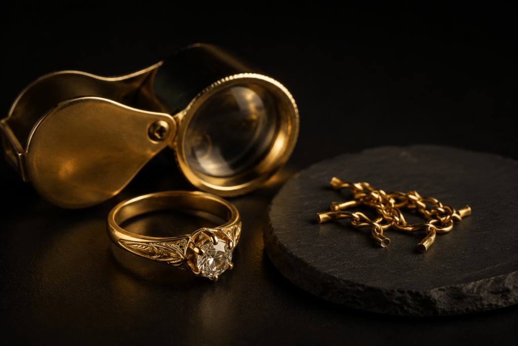 Gold ring beside a jeweler’s loupe and broken gold chain on a testing stone