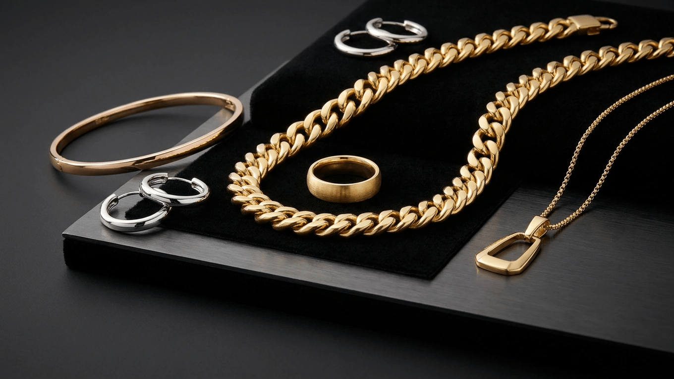 Collection of gold rings, chains and bracelets