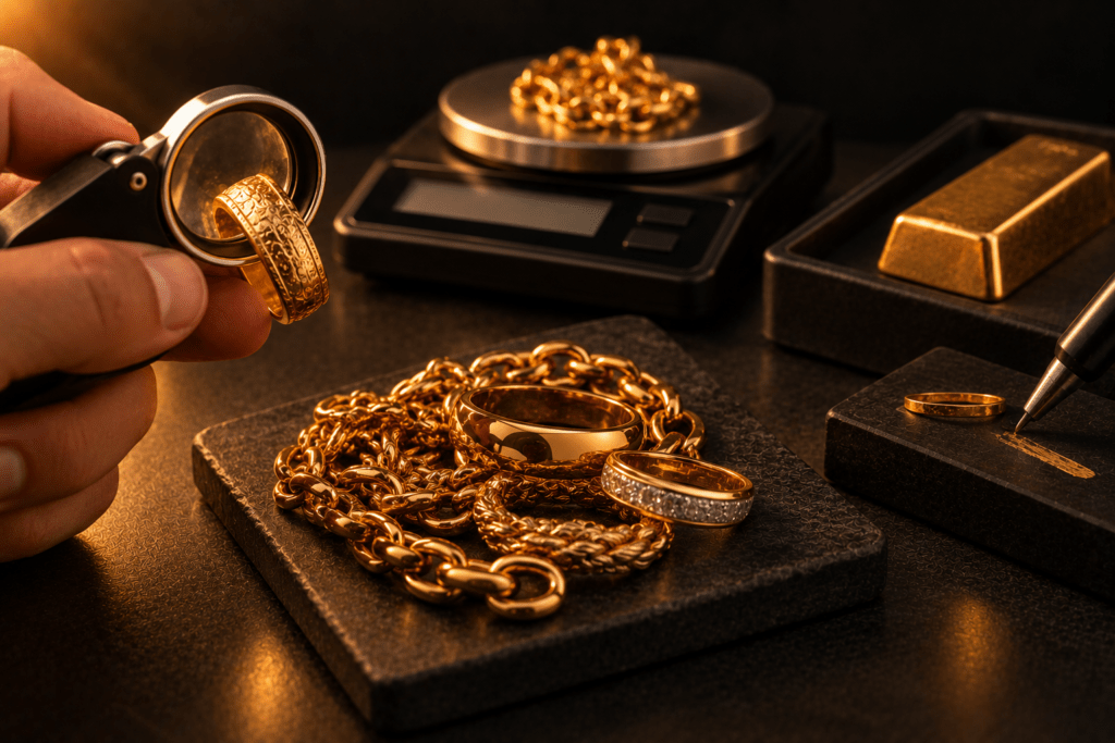 Gold jewelry being inspected with a loupe beside a scale and testing tools.