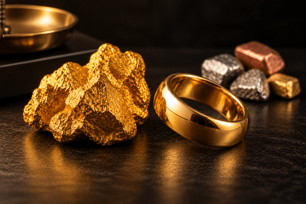 Gold ring and raw gold beside mixed metal pieces on a dark surface.