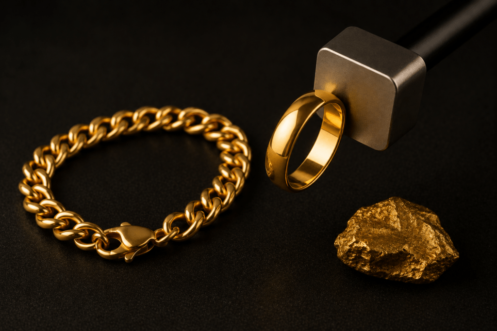 Gold ring beside a magnet with a gold chain and nugget.