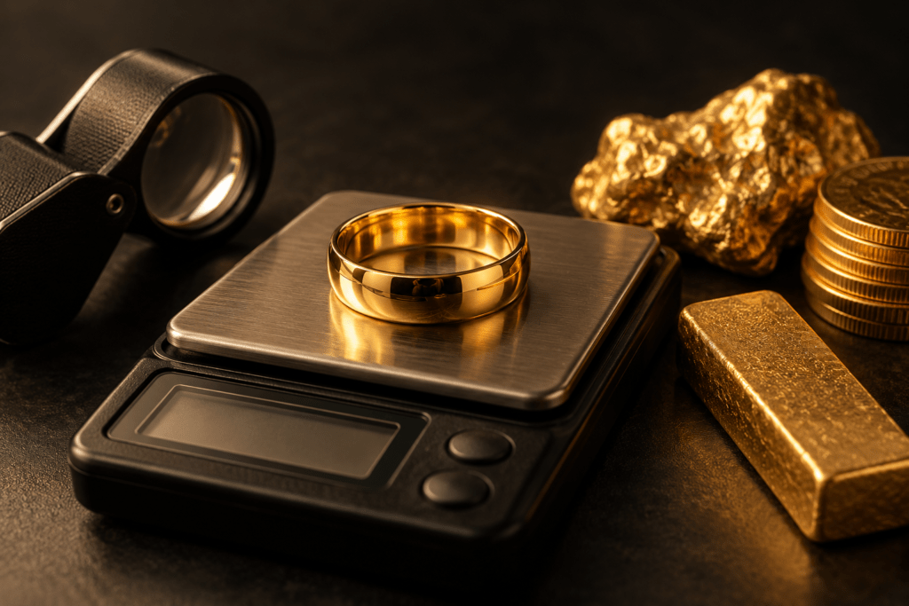 Gold ring on a digital scale beside a jeweler’s loupe, gold coins, nugget, and gold bar.