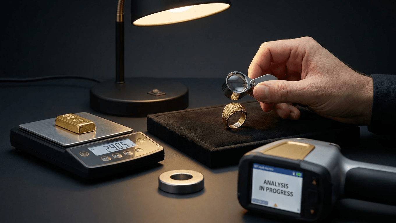 Gold jewelry undergoing professional authenticity testing