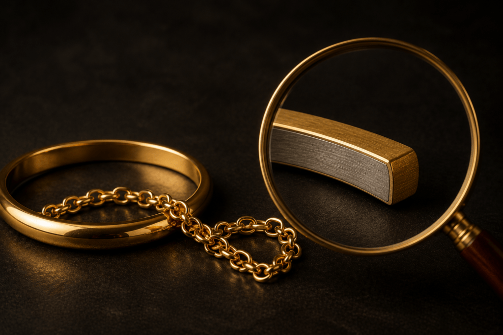 Gold-colored bracelet and chain beside a magnifying glass showing a layered metal sample.