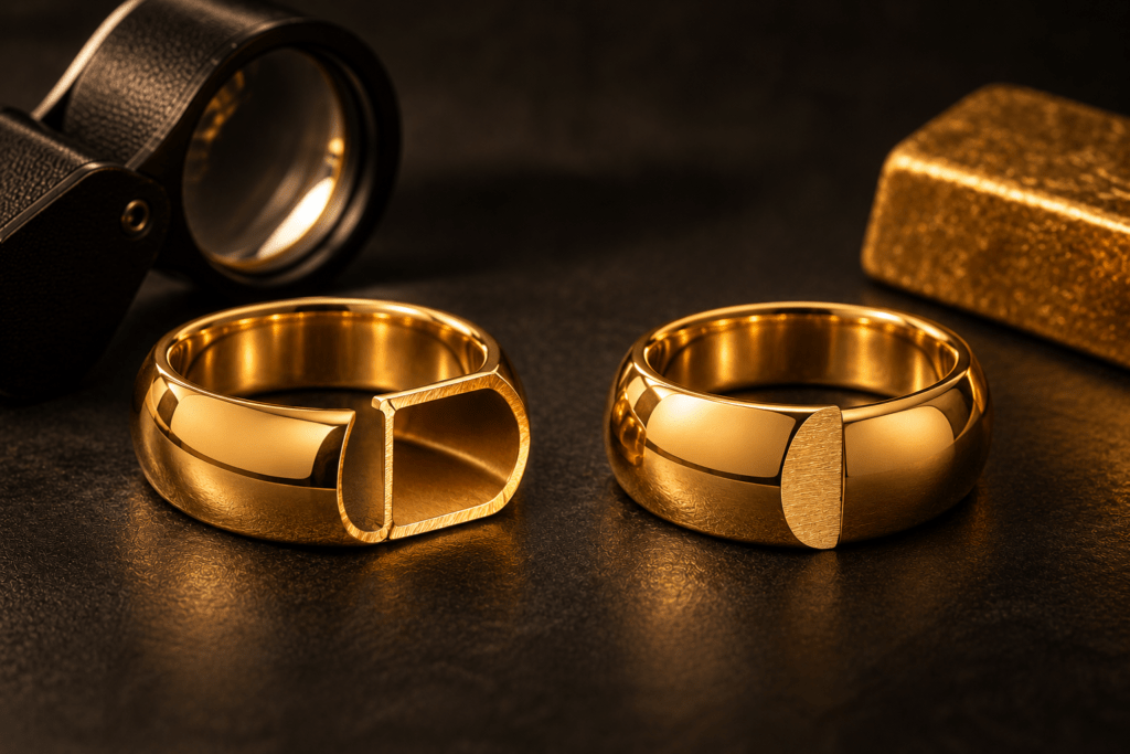 Hollow and solid gold rings shown in cross-section beside a jeweler’s loupe and gold bar.