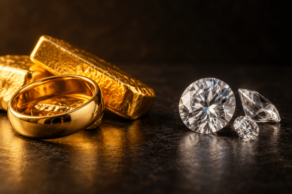 Gold ring and gold bars beside loose diamonds on a dark background.