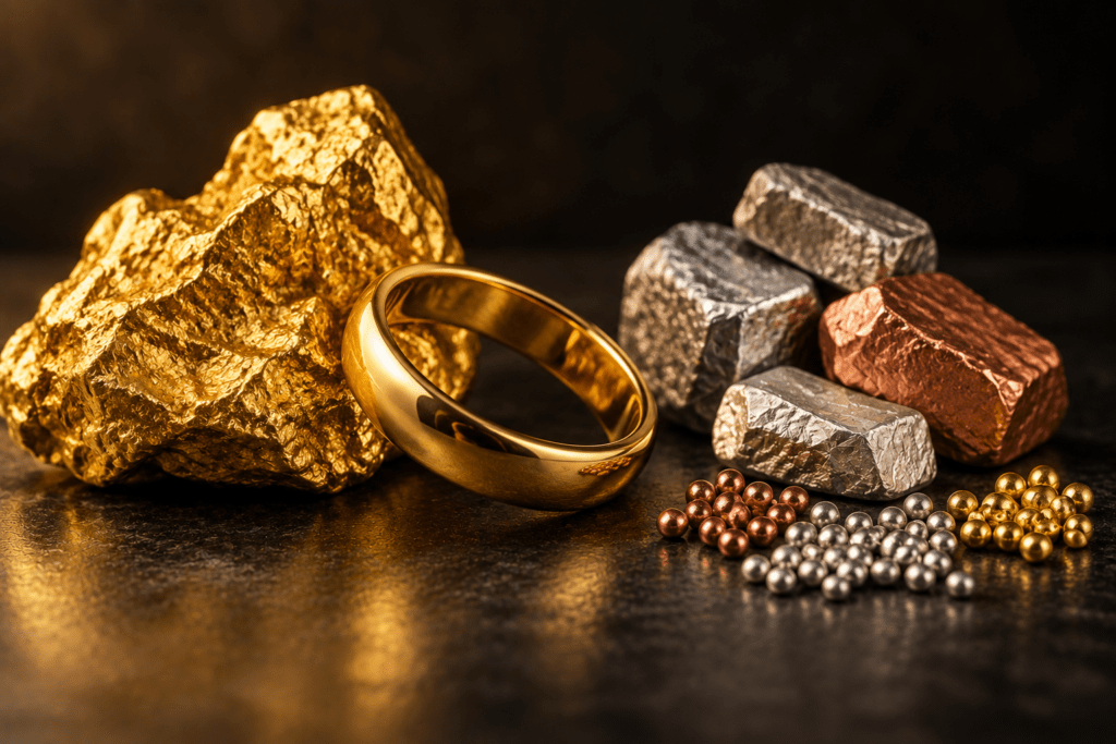 Gold ring beside gold, silver, and copper metals on a dark background.