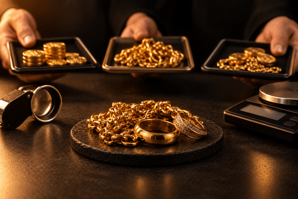 Gold jewelry, coins, a scale, and three trays of gold on a dark surface.
