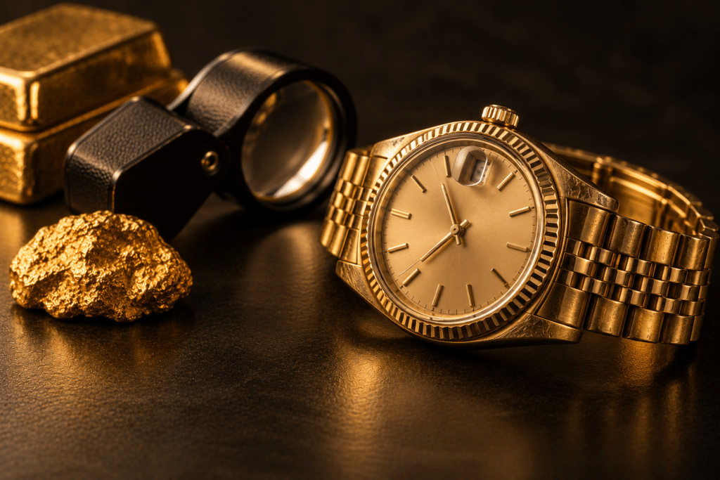 Vintage gold wristwatch beside a jeweler’s loupe, gold nugget, and gold bars.