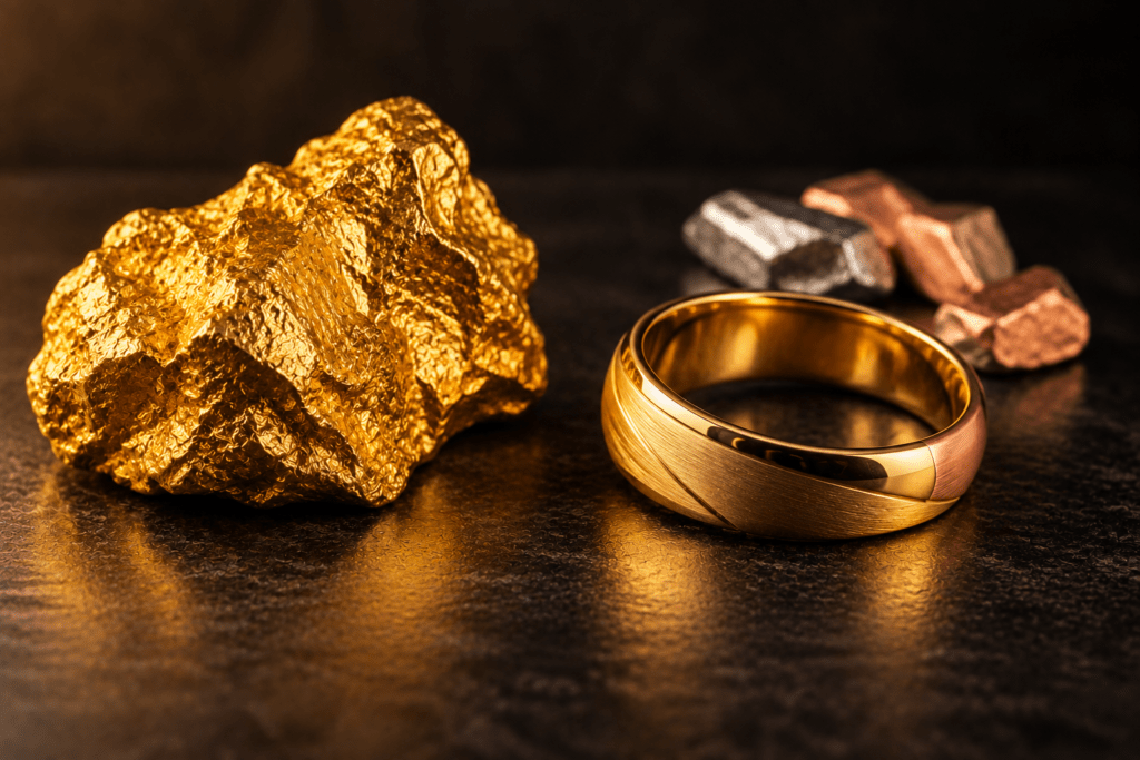 Gold nugget and polished gold ring on a dark background.