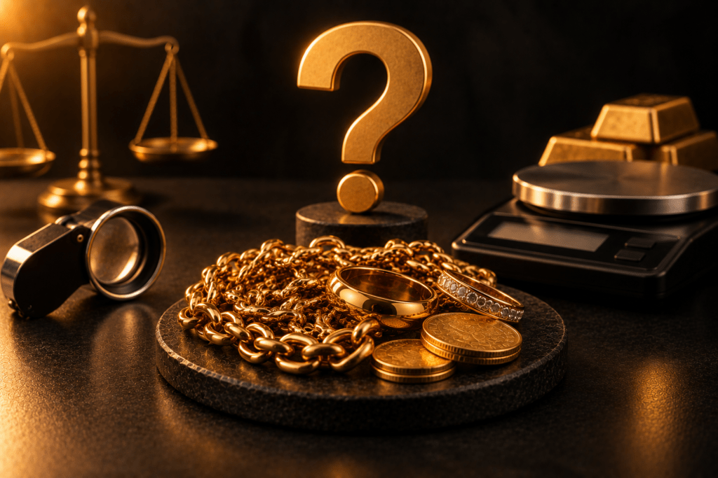 Gold jewelry and coins beside a question mark, loupe, scale, and gold bars.