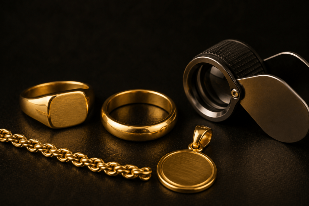 Gold rings, chain, and pendant beside a jeweler’s loupe.