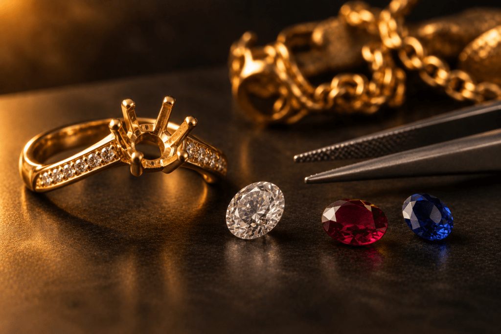 Gold ring with an empty setting beside loose diamond, red and blue gemstones, and tweezers.