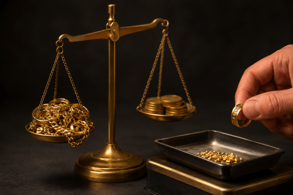 Gold jewelry on a balance scale with coins and a hand holding a gold ring.