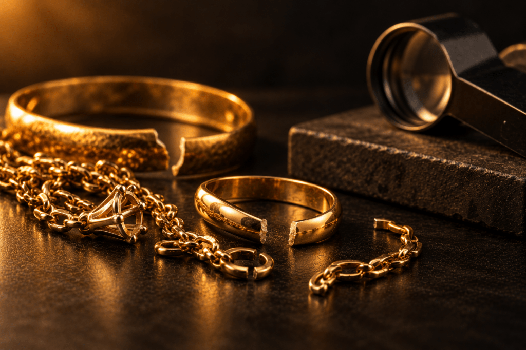 Broken gold ring, chain, and bracelet beside a jeweler’s loupe on a dark surface.