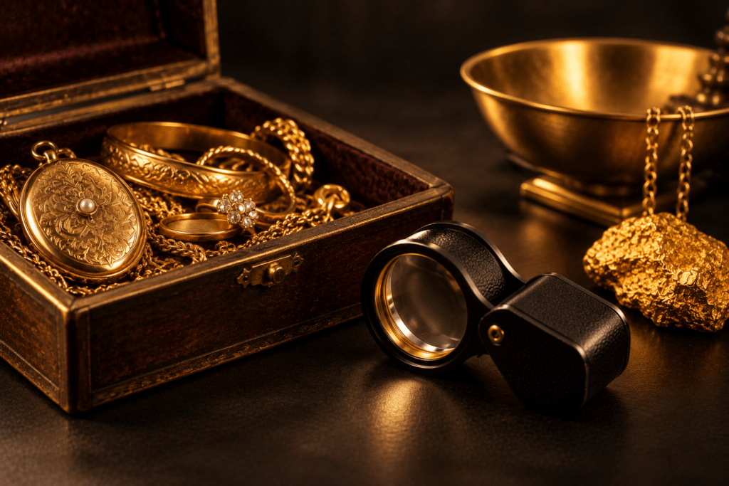Gold jewelry in an open wooden box beside a jeweler’s loupe and gold nugget.