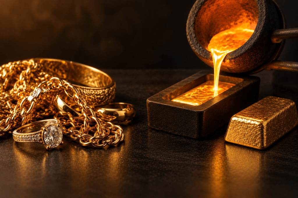 Gold jewelry beside molten gold being poured into a mold.