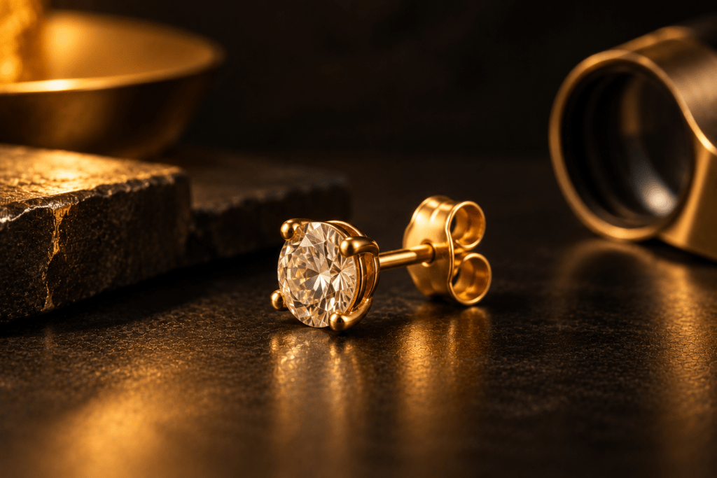 Single gold stud earring with a clear gemstone on a dark surface.