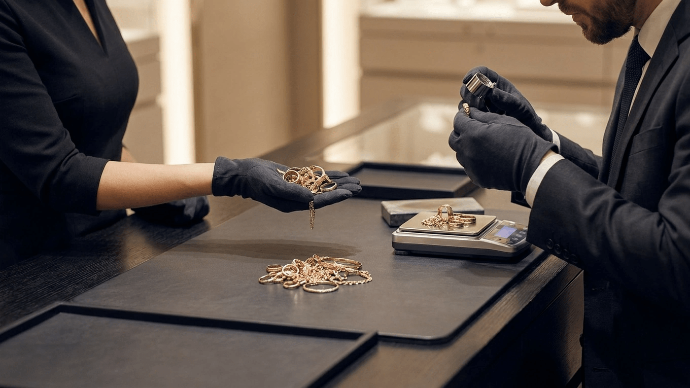 Gold jewelry prepared for evaluation by a gold buyer