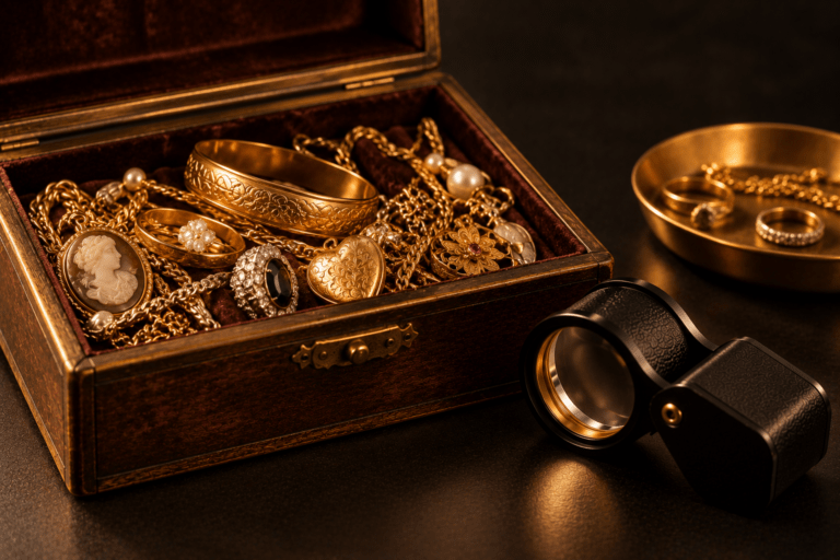 Antique jewelry box filled with gold jewelry beside a jeweler’s loupe and sorting tray.