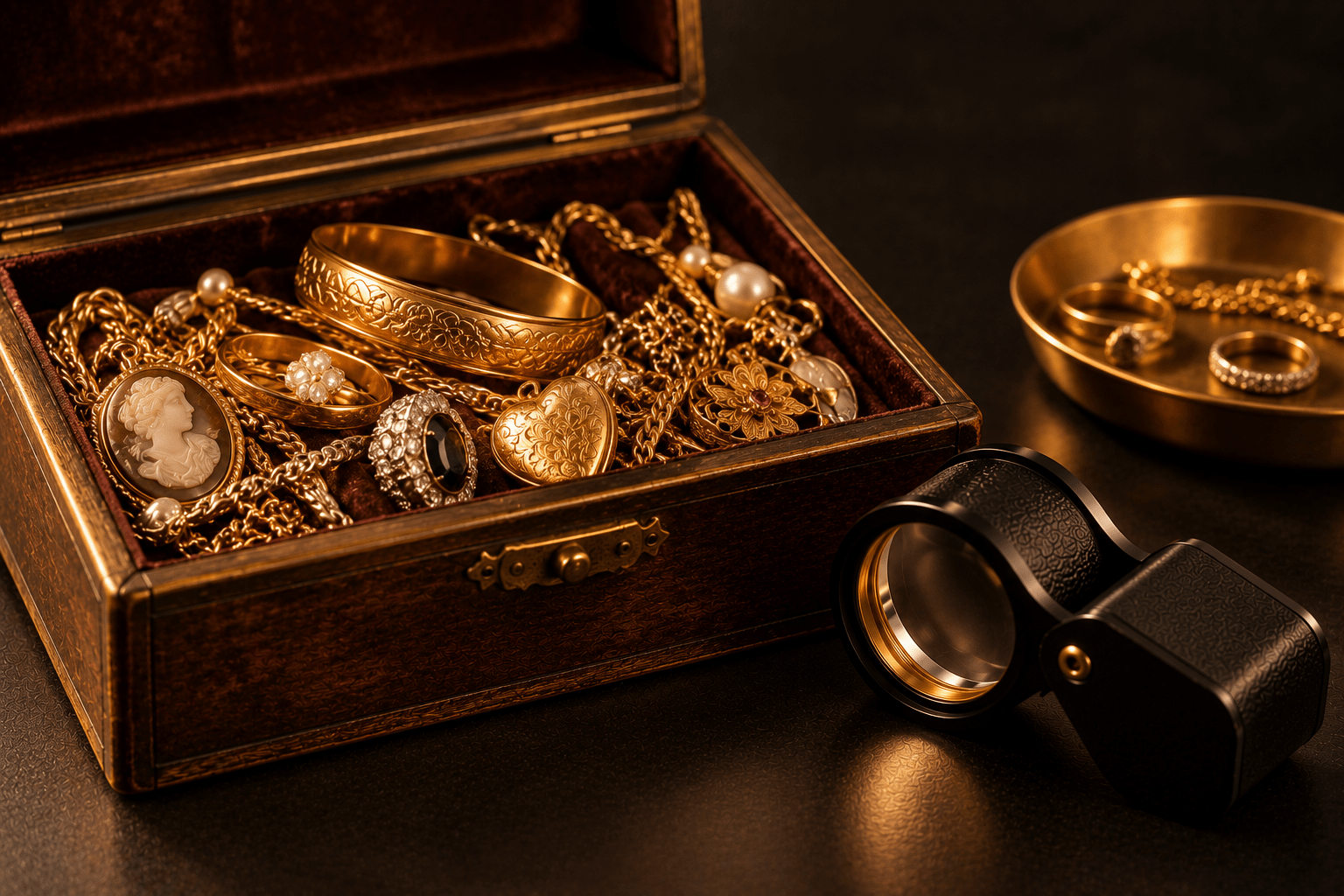 Antique jewelry box filled with gold jewelry beside a jeweler’s loupe and sorting tray.