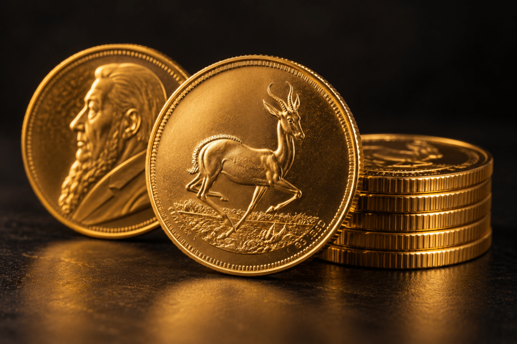 Gold coins featuring a springbok design beside a small stack of coins on a dark background.