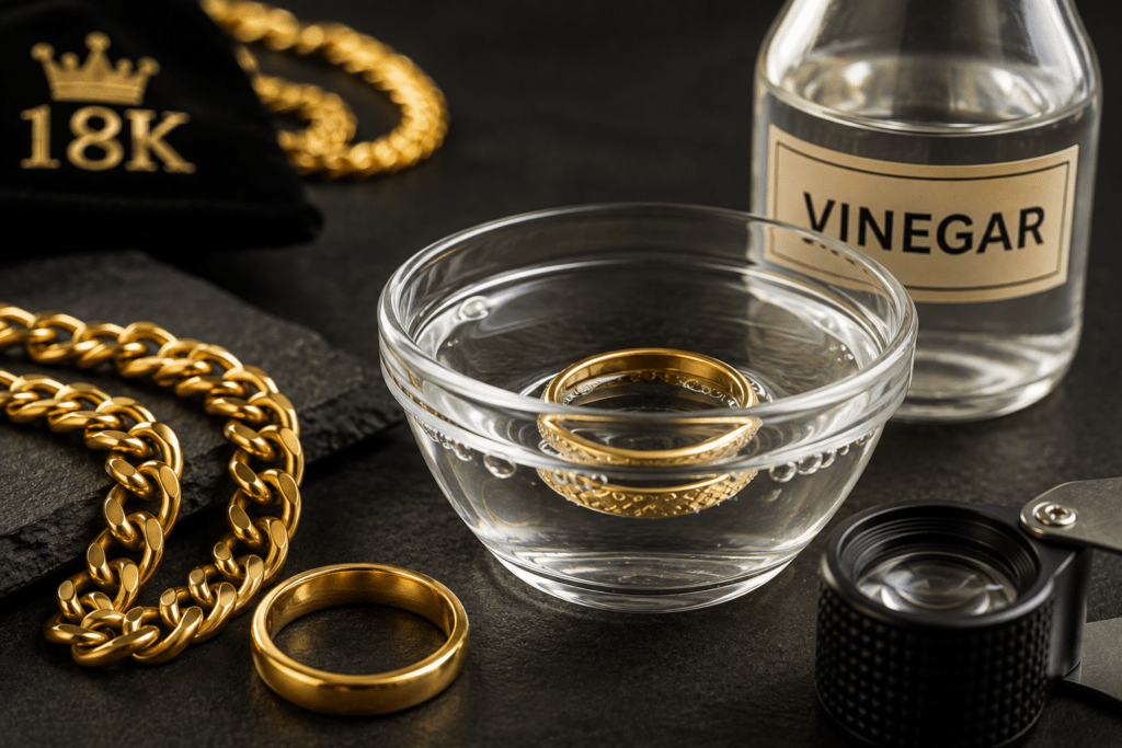 Gold jewelry being tested in vinegar to check whether it may be real gold