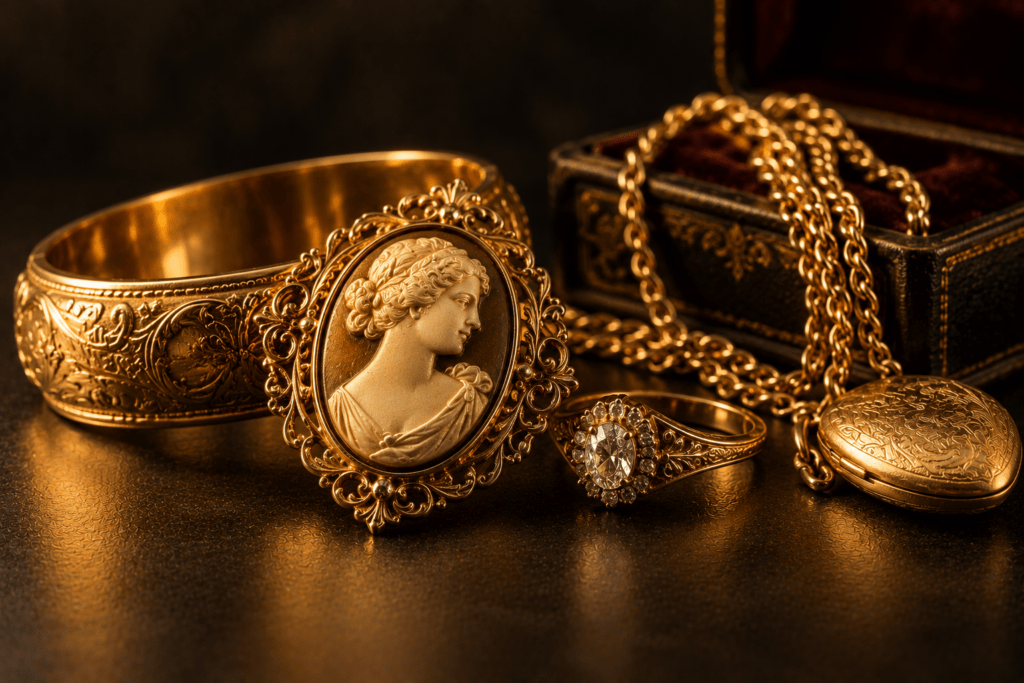 Vintage gold cameo brooch, bracelet, ring, necklace, and locket beside an antique jewelry box.