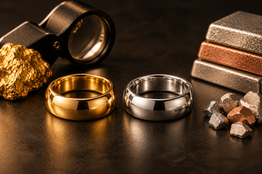 Yellow gold and white gold rings beside a gold nugget, jeweler’s loupe, and metal pieces.