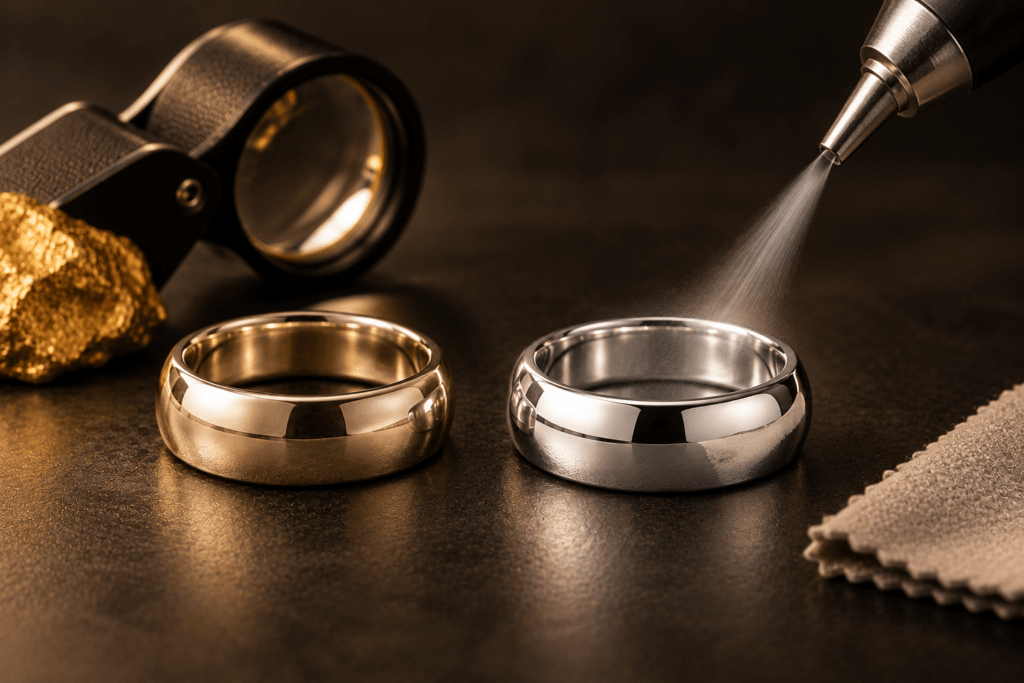 Two gold rings beside a jeweler’s loupe, with a plating tool spraying the silver-colored ring.