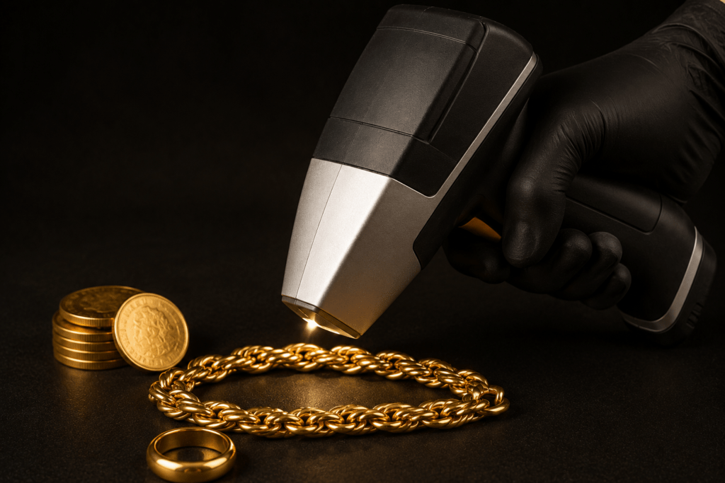 Handheld gold testing device scanning a gold chain beside rings and coins.