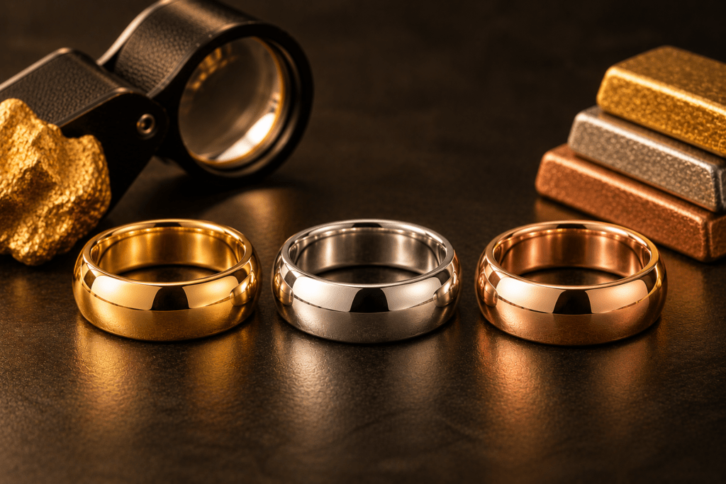 Yellow gold, white gold, and rose gold rings displayed side by side on a dark surface.