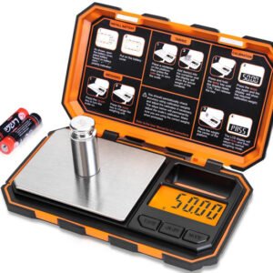 Orange Fuzion 200g digital pocket scale with a 50g calibration weight and batteries