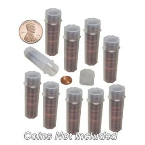 Ten Guardhouse 19mm penny storage tubes shown with example coins; coins are not included