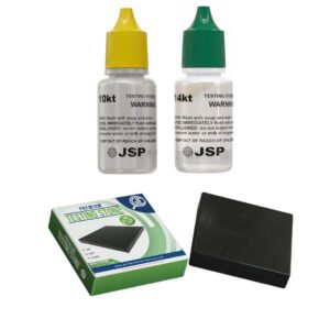 JSP 10K and 14K gold testing solutions with a black scratch testing stone