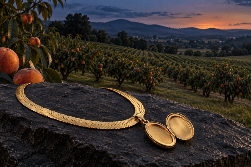 Gold herringbone necklace and open locket with peach orchards and foothills inspired by the Alto area