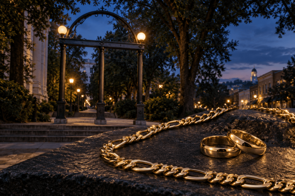 Gold Figaro chain and two bands with an Athens-inspired view of the University of Georgia Arch at dusk