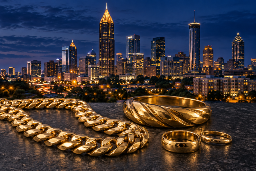 Gold chain, bangle, and rings with the Atlanta skyline at dusk