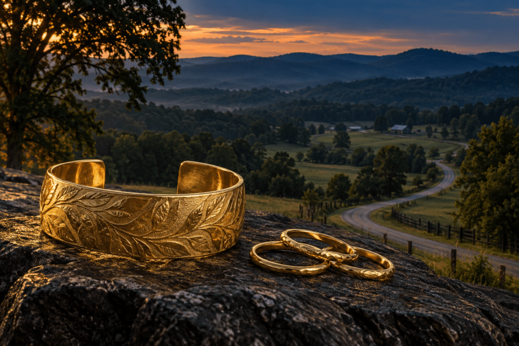 Leaf-pattern gold cuff and three rings with wooded foothills and a winding road inspired by Baldwin