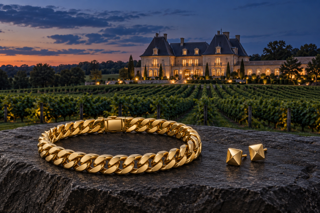 Gold curb bracelet and geometric stud earrings with a Braselton-inspired château and vineyard at dusk