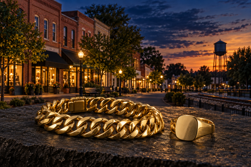 Gold curb-link bracelet and signet ring with a historic Buford Main Street-inspired backdrop