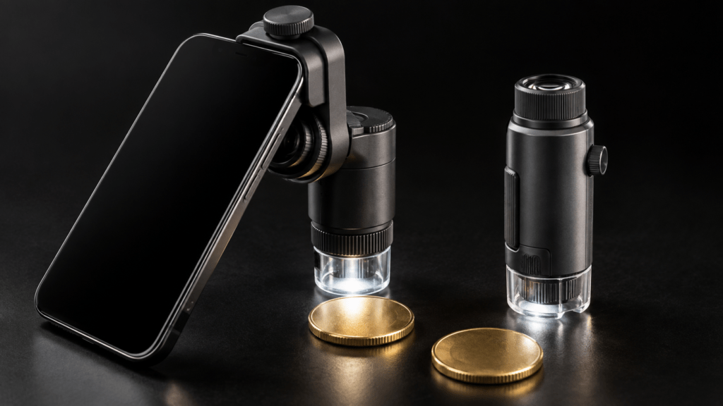 A pocket microscope with a smartphone adapter beside a standalone pocket microscope.